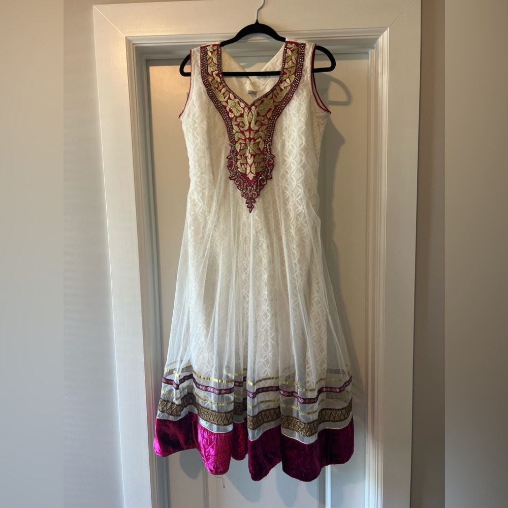 Indian 3-piece Anarkali Gown Ethnic Suit Salwar White & Pink Velvet